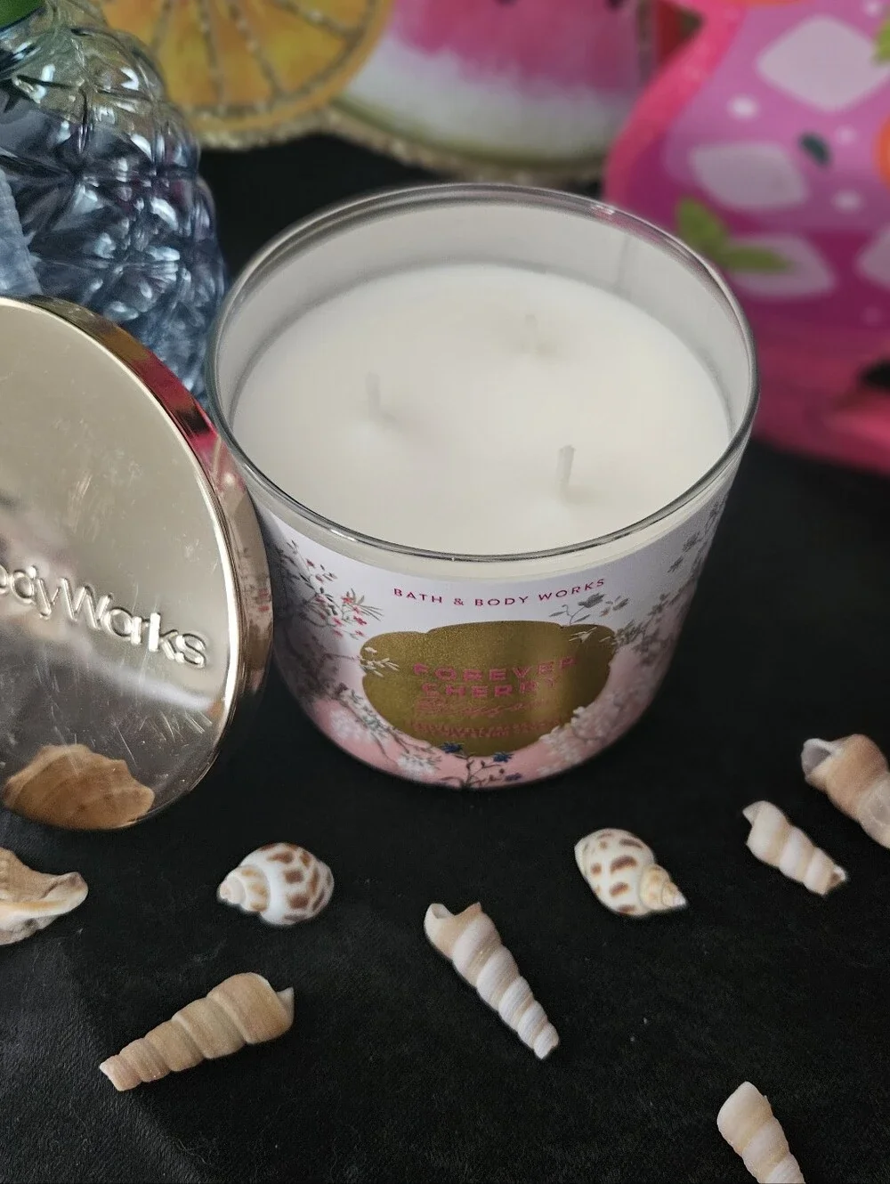 NWT Bath & Body Works Forever Cherry Blossom 3-wick Candle - Pink & Gold